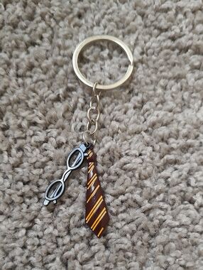 Harry Potter Brown and Gold Striped Tie Keychain with Black Glasses Charm